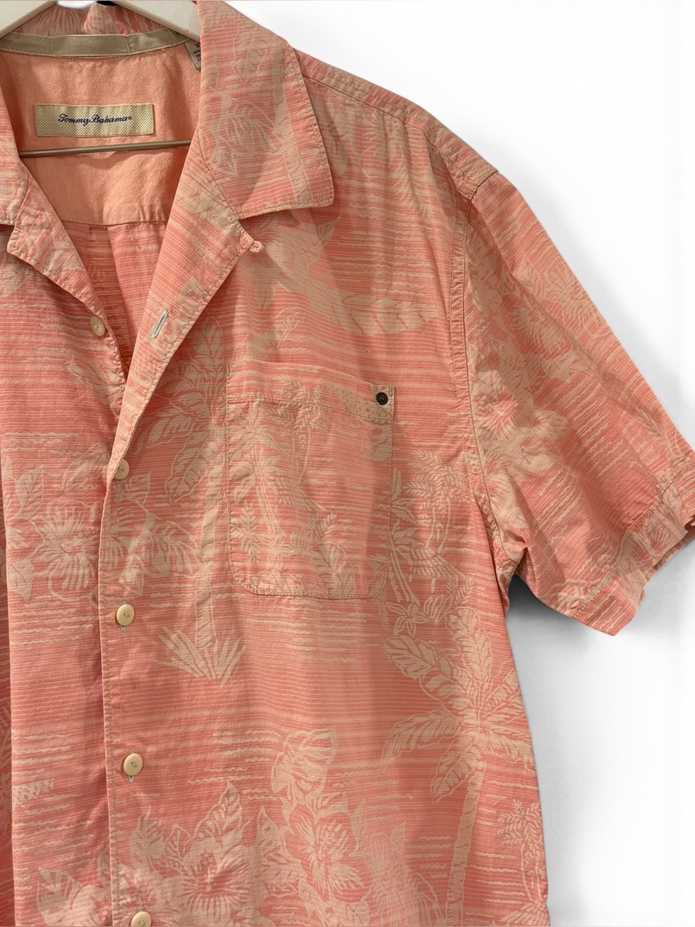 5 for $25!! Tommy Bahama Pink/Salmon Palm Print, Tropical Camp Shirt XL - Picture 2 of 14